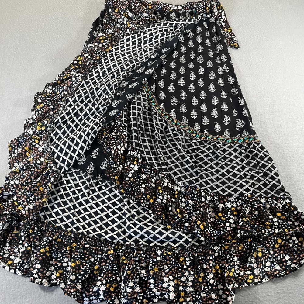 Christian Siriano Womens Small Mixed‎ Print boho Ruffle Wrap Maxi Skirt Black - Picture 8 of 11